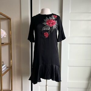 Elegant Black Dress with Red Floral Embroidery